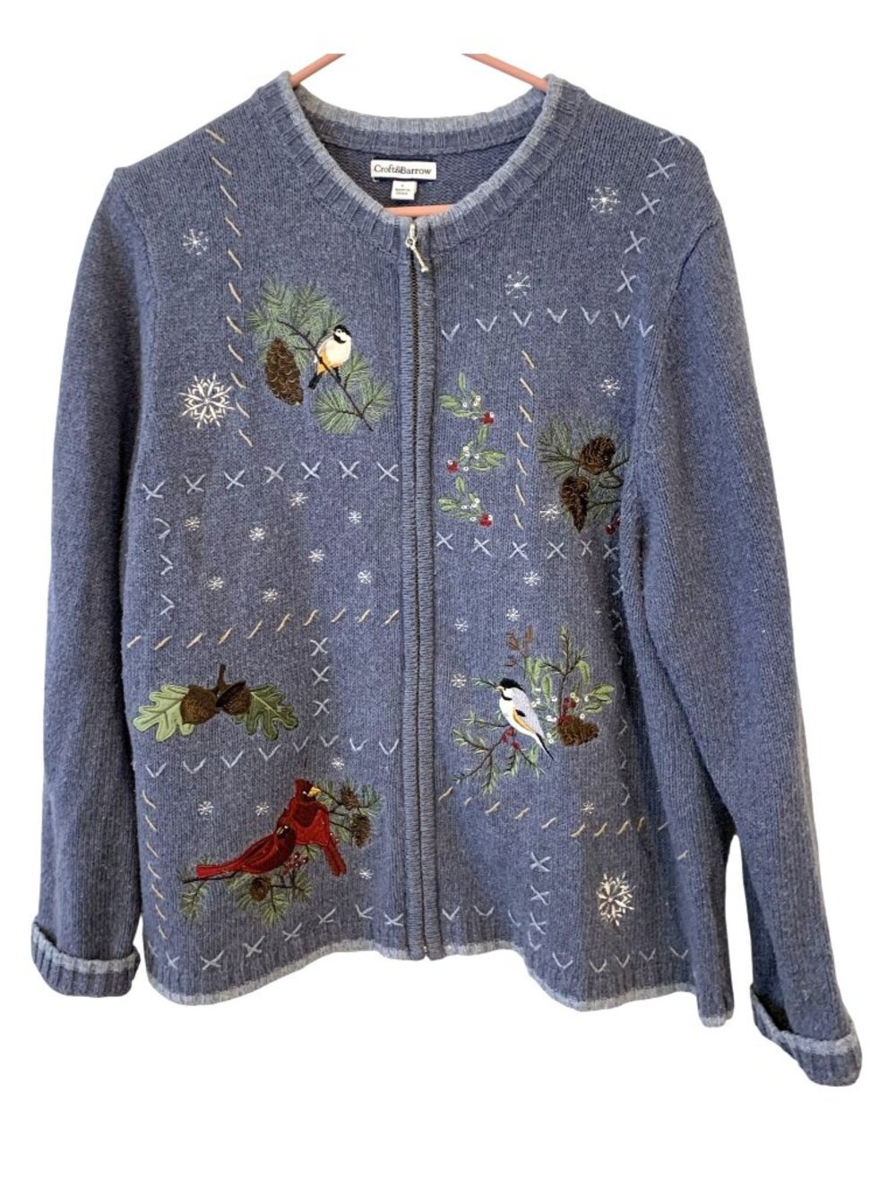Croft & Barrow L Blue Embroidered Bird Zip Sweater Cardigan Woodland Cozycore